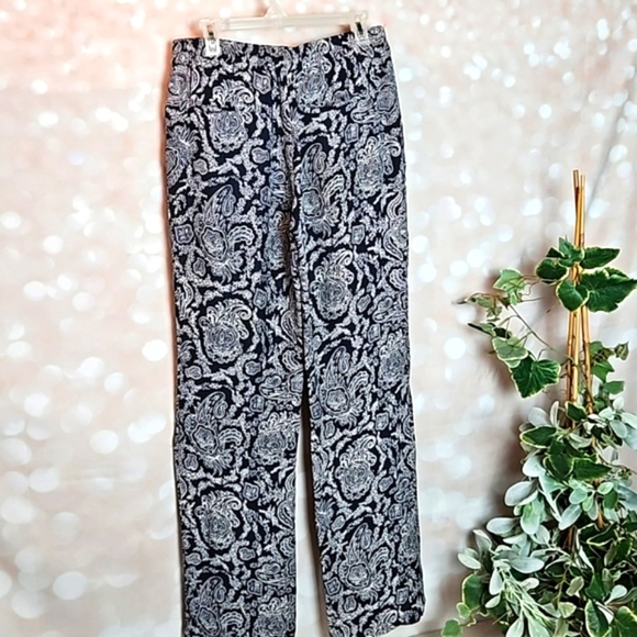 Theory | Navy Blue Paisley Silk Pull On Dress or Casual Pants - Picture 3 of 14